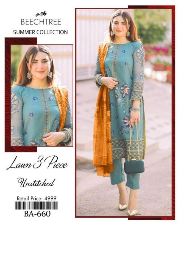 3Pcs Women's Unstitched Lawn Embroidered Suit