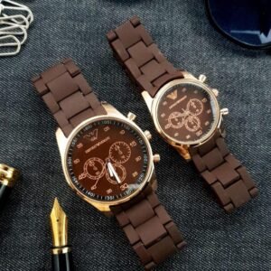 Elegant Brown Chronograph Watch Set for Couples