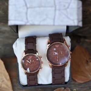 Elegant Brown Chronograph Watch Set for Couples